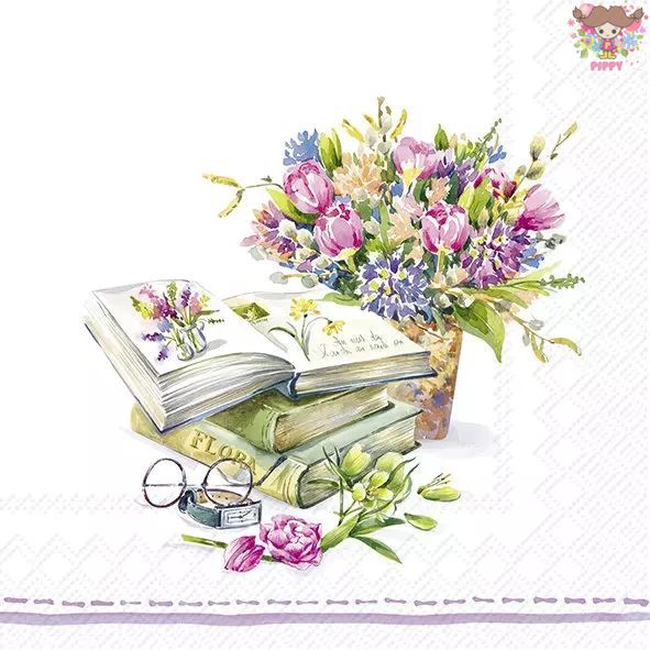 Rakuten - IHR ペーパーナプキン☆SPRING NOVELS☆（1枚/バラ売り）花束 チューリップ 本 図鑑 めがね 花柄 春柄 ブーケ 水彩画風 ボタニカル柄 デコパージュ 可愛い 素敵 お洒落 華やか エレガント ハンドメイド 紙ナプキン