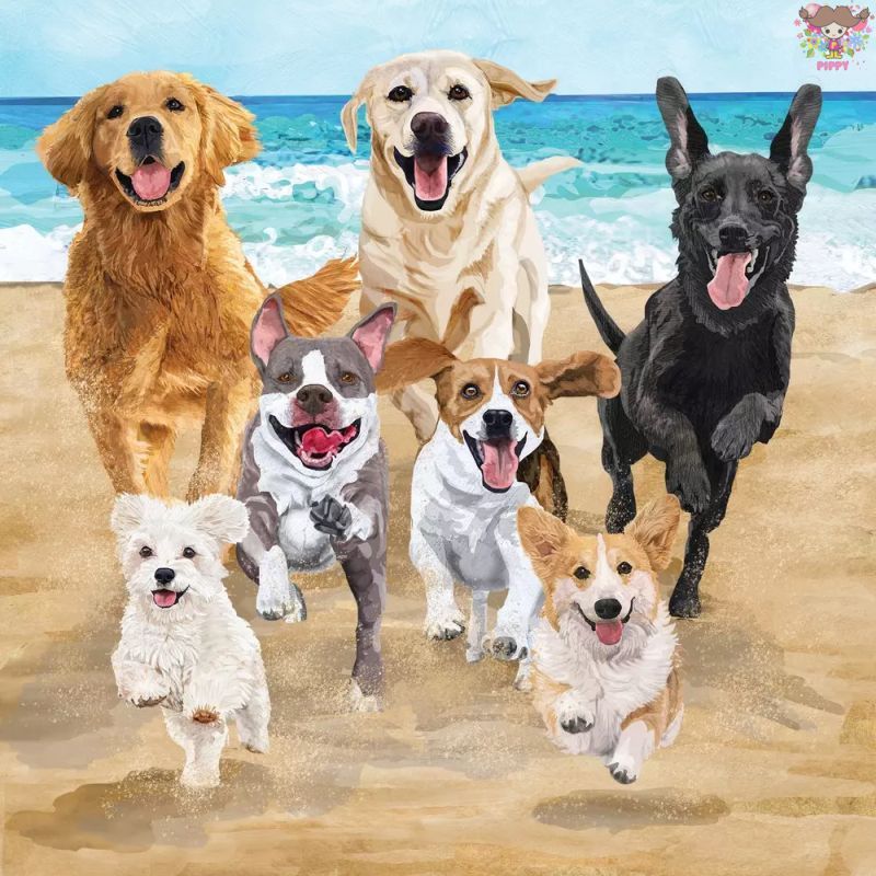 Rakuten - PPD ペーパーナプキン☆Release the Hounds☆（1枚/バラ売り）犬 ビーチ 砂浜 海 夏 海岸 動物 ゴールデンレトリバー コーギー ビーグル ラブラドール ボストンテリア 素敵 可愛い お洒落 華やか デコパージュ ハンドメイド 紙ナプキン