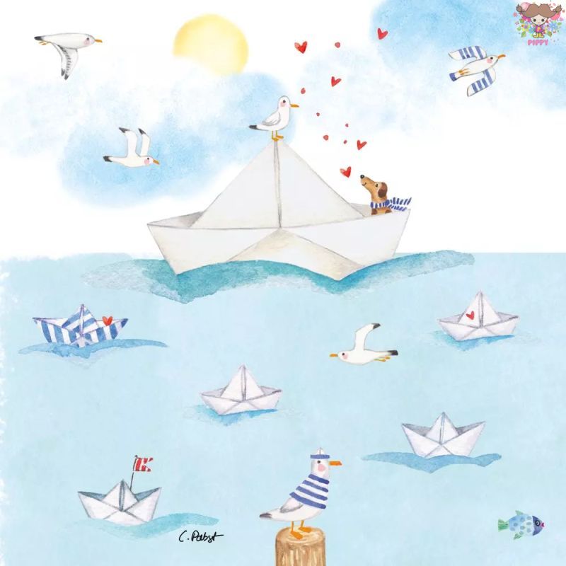 Rakuten - PPD ペーパーナプキン☆Sailing away☆（1枚/バラ売り）海 海原 カモメ 犬 船 夏柄 航海 セーリング ハート 折り紙 素敵 可愛い お洒落 華やか デコパージュ ハンドメイド 紙ナプキン