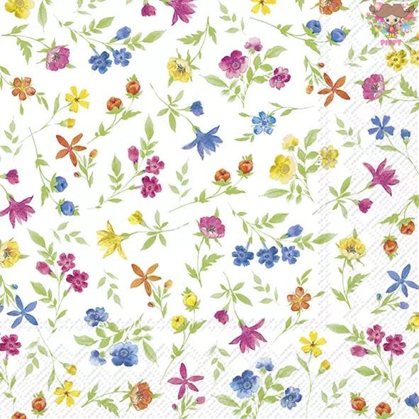 IHR ペーパーナプキン☆HAPPY FLOWERS blue yellow☆（20枚入り）小花 花柄 ボタニカル柄 カラフル可愛い 素敵 お洒落 エレガント 華やか デコパージュ ハンドメイド 紙ナプキン