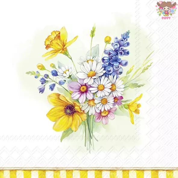 Rakuten - IHR ペーパーナプキン☆SPRING TIME BLOOM light green☆（1枚/バラ売り）水仙 マーガレット デイジー ルピナス 花束 春柄 花柄 ボタニカル柄 可愛い 素敵 お洒落 エレガント 華やか デコパージュ ハンドメイド 紙ナプキン