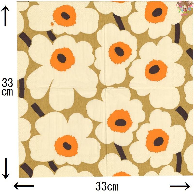 Pippy 2号店のmarimekko マリメッコ ペーパーナプキン ☆UNIKKO orange cream☆（20枚入り）ウニッコ 花柄 植物 北欧柄 ゴールド デコパージュ カルトナージュ 可愛い お洒落 華やか 素敵 ハンドメイド｜アングル2