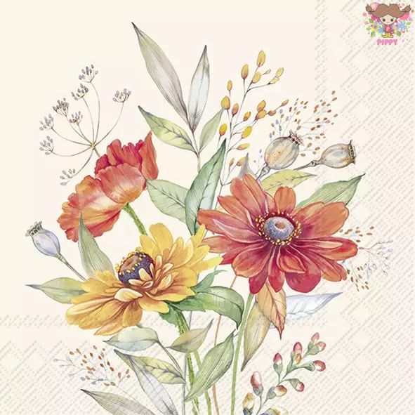 IHR ペーパーナプキン☆ SOFT SUNSET BOUQUET cream☆（1枚/バラ売り） 花柄 ボタニカル柄 花束 ひまわり シック可愛い 素敵 お洒落 エレガント 華やか デコパージュ ハンドメイド 紙ナプキン