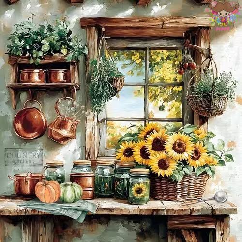 ti-flair ペーパーナプキン☆Rustic Country Kitchen☆（1枚/バラ売り)キッチン ひまわり ハーブ かぼちゃ カントリー 花柄 デコパージュ