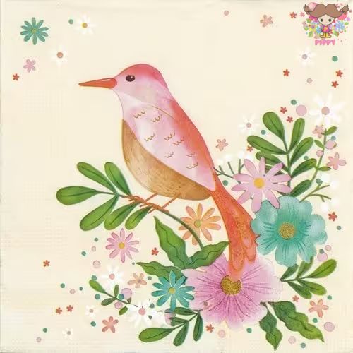 PAPSTAR ペーパーナプキン☆Flowery Bird☆（1枚/バラ売り）小鳥 花柄 かわいい イラスト デコパージュ