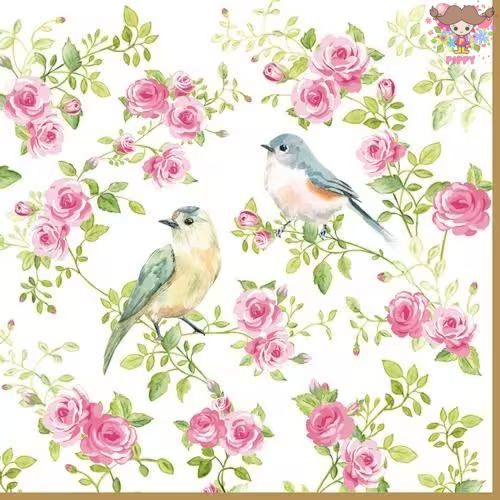 EasyLife ペーパーナプキン☆Spring Time☆（20枚入り）小鳥 ローズ 花柄 動物 エレガント デコパージュ