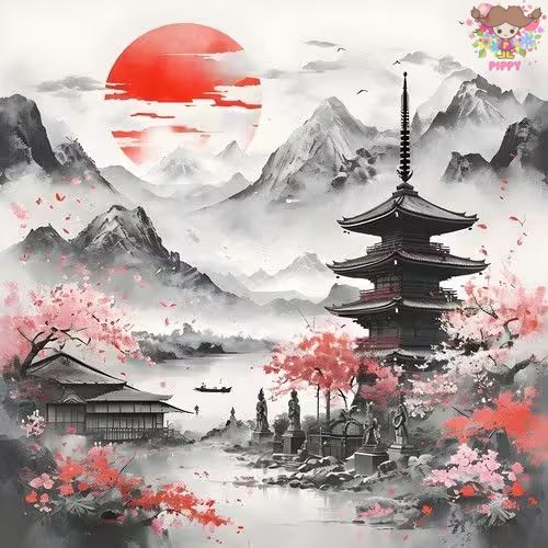 Serviettenshop ペーパーナプキン☆Asian Day☆（1枚/バラ売り）水墨画風 桜 風景 塔 デコパージュ ハンドメイド 可愛い