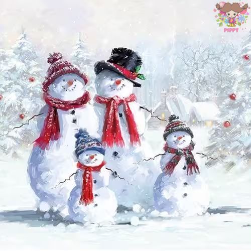 Ambiente ペーパーナプキン☆ Snowmen With Hat ☆（1枚/バラ売り） 雪だるま 家族 ファミリー スノーマン クリスマス クリスマスツリー 雪景色 かわいい 素敵 お洒落 可憐 エレガント デコパージュ ハンドメイド