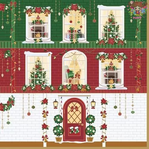 EasyLife ペーパーナプキン☆Festive Avenue☆（1枚/バラ売り）クリスマス 建物 窓 クリスマスツリー ねこ いぬ オーナメント ギフト 長靴 ポインセチア デコパージュ