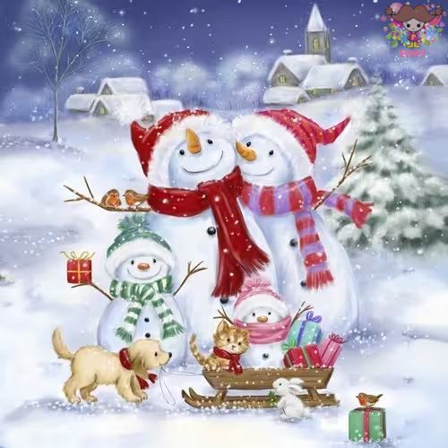 Serviettenshop ペーパーナプキン☆Snowman Family☆（1枚/バラ売り）雪だるま スノーマン クリスマス プレゼント 子犬 子猫 雪 デコパージュ ハンドメイド 可愛い
