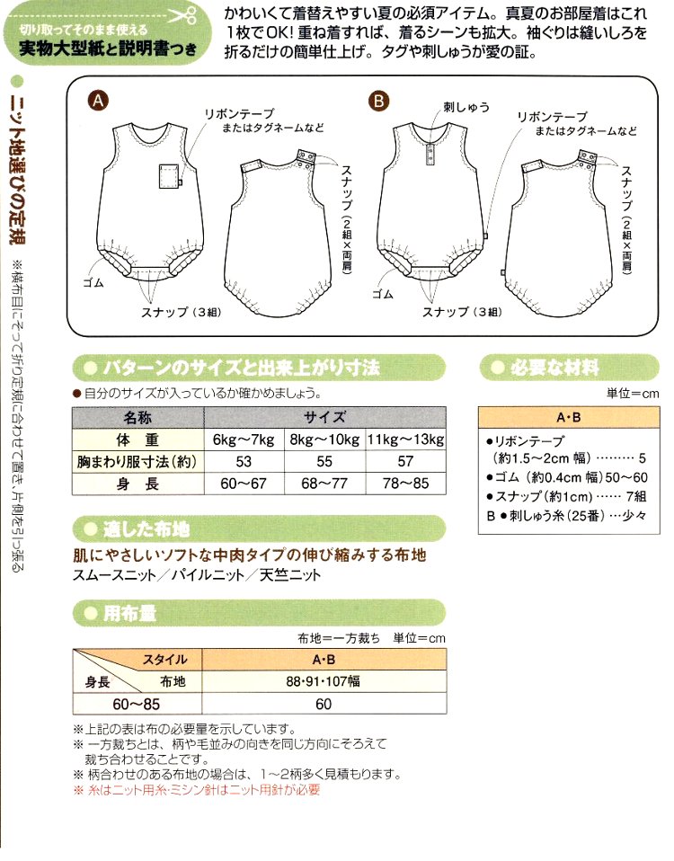 パターン （ 型紙 ) 袖なしロンパース （ 簡単 実寸大 実物大 作り方 レシピ 子供服 ベビー服 ズボン スカート シャツ トップス ) 【メール便 （ ゆうパケット ) OK】