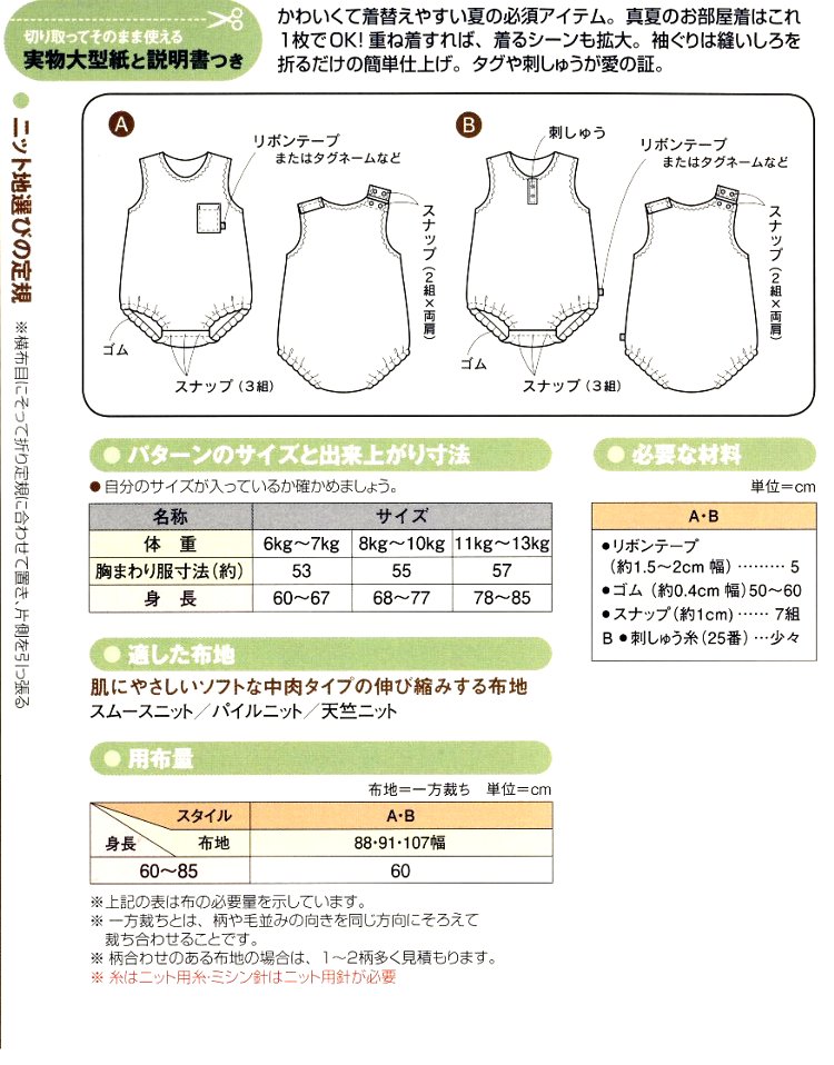 ★残りわずかです（廃番になりました）パターン （ 型紙 ) 袖なしロンパース （ 簡単 実寸大 実物大 作り方 レシピ 子供服 ベビー服 ズボン スカート シャツ トップス ) 【メール便 （ ゆうパケット ) OK】