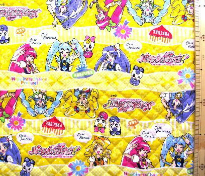 Q- キャラクター キルティング 生地 ハピネスチャージプリキュア！ 柄番号2 （ イエロー ) （ キルト キルティング生地 布 入園 入学 ）