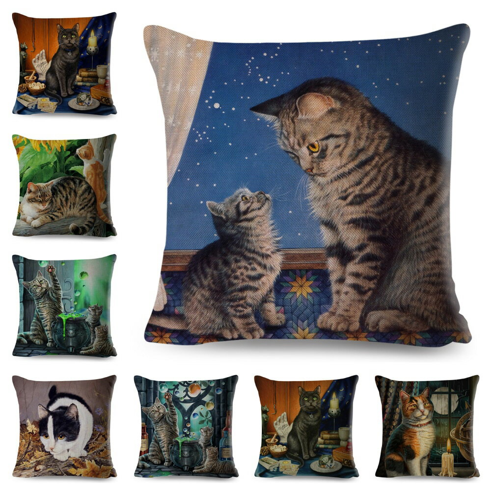 クッションカバー 45x45cm 黒猫 猫 ネコ ねこ ミステリアス 魔法 タロット おしゃれ かわいい アニマル クッション イラスト インテリア ピローケース 雑貨 メール便【 送料無料 】 2