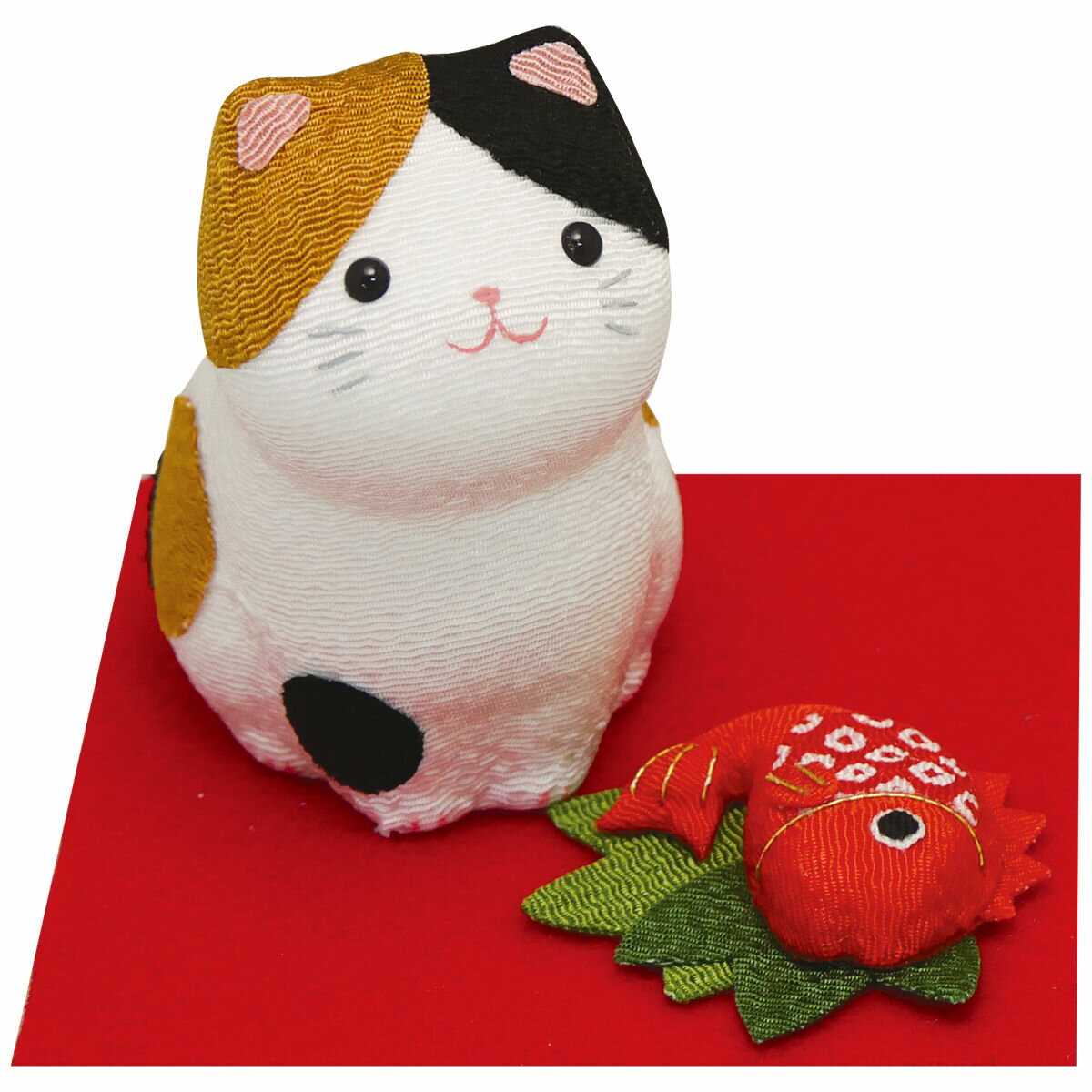 三毛猫の縁起飾り 鯛 敷物付 置物 縁起 迎春 新春 正月 手作り ちりめん 細工 飾り