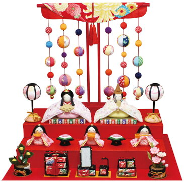 【送料無料】雛人形「色彩 雛 5人揃い 几帳付」手作りちりめん細工 マンションサイズ コンパクト 桃の節供