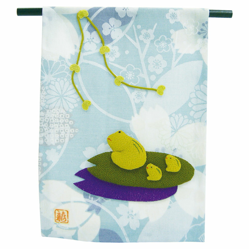 夏の水面ミニタペ几帳 カエル手作りちりめん細工 夏の風物詩 置物 人形