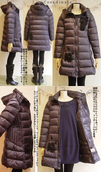 【日本製】軽量480gダウンコートダウンジャケットレディースロングダウンコートロングジャケット秋冬ニットフード付大きいサイズダウンジャケットアウター紺パープルネイビー大人おしゃれ暖かい芦屋【アミティエ】お花ナイロンダウンコート