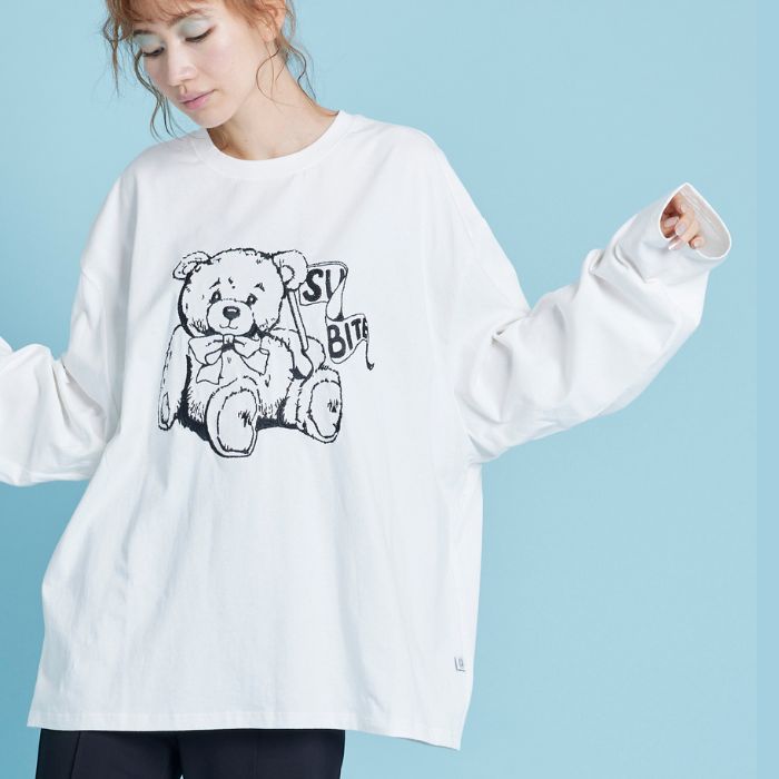 SALE littlesunnybite リトルサニーバイト ベアー Tシャツ 長袖 ロングT ロンT ホワイト ブラック ピンク テディベア クマ 刺繍 レディース ゆったり ユニセックス メンズ オーバーサイズ 大人かわいい 可愛い 上品 おしゃれ Sサイズ 二の腕カバー 体型カバー 正規販売