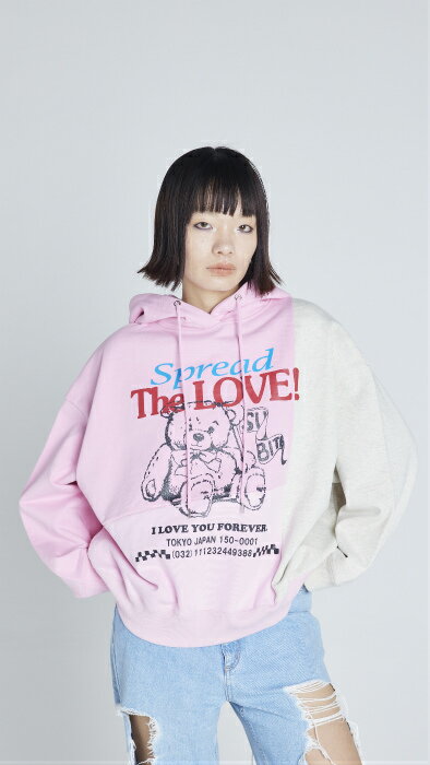 LITTLE SUNNY BITE リトルサニーバイト Love Bear Hoodie ラブ ベアー フーディー パーカー スウェット ピンク ベージュ ILOVE ビッグ サイズ オーバーサイズ メンズ レディース Sサイズ 長袖 ロングスリーブ ゆったり 大きいサイズ バックプリント
