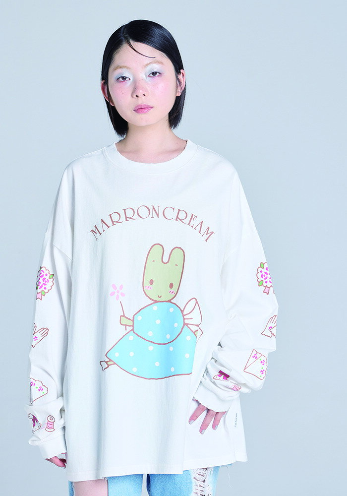 LITTLE SUNNY BITE リトルサニーバイト MARRONCREAM マロンクリーム サンリオ littlesunnybite コラボ プリント ロング 長袖 ビッグ Tシャツ オーバーサイズ キャラクター メンズ レディース Sサイズ ゆったり 大きいサイズ ブラック ホワイト