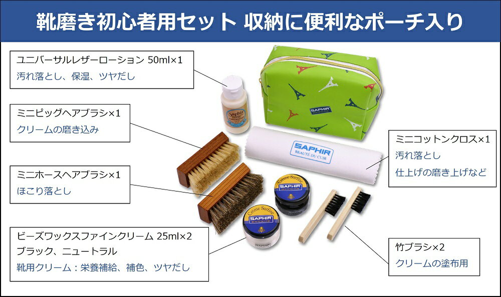 SAPHIR公式 靴磨きの Prime Avenueの靴磨きセット サフィール ミニ JAR セット ダブル 缶入り/ポーチ入り SAPHIR 靴磨き ミニ ハーフサイズ おためし 初心者 SET シューケアセット スターターセット 革靴 手入れセット ケア ブラシ クロス 就職 昇進｜アングル3
