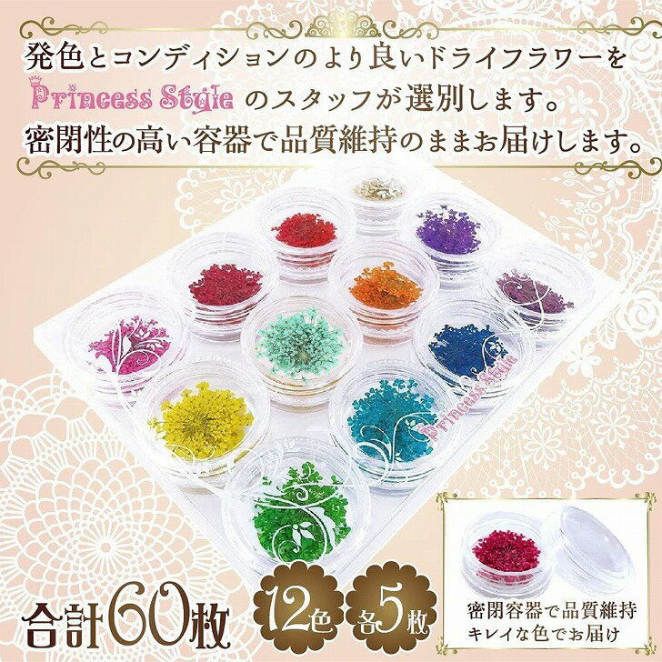 ドライフラワーレースフラワー押し花60枚レジンアートやネイルに12色times;各5枚ケース入