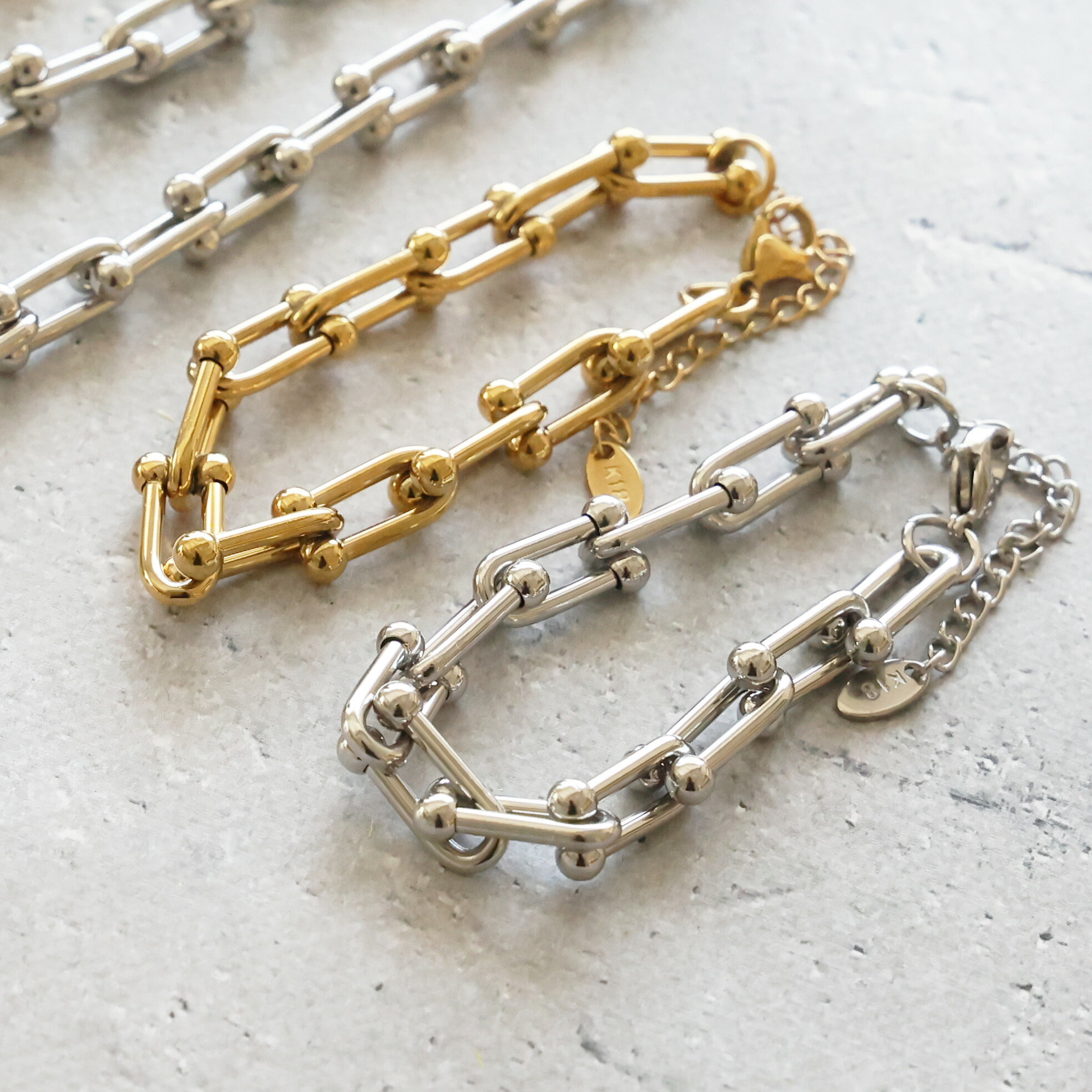 Qroza クローザ ハードウェア ブレスレット Uチェーン グラジュエイテッド アンカーチェーン レディース サージカルステンレス 18Kコーディング 人気 ...