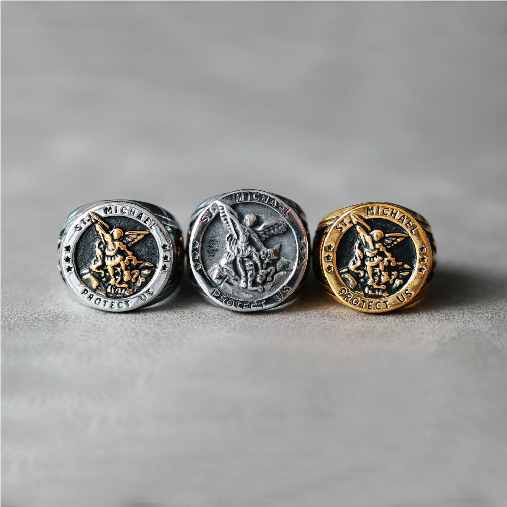 Qroza クローザ ミカエル シグネットリング 印台リング カレッジリング ゴールド シルバー ステンレス ごつめ 太め 重ね付け 重厚 大天使 天使長 キリスト ユダヤ カトリック シンプル ペア メキシカンジュエリー 韓国 アクセ 記念日 誕生日 魔除け 厄除け【送料無料】