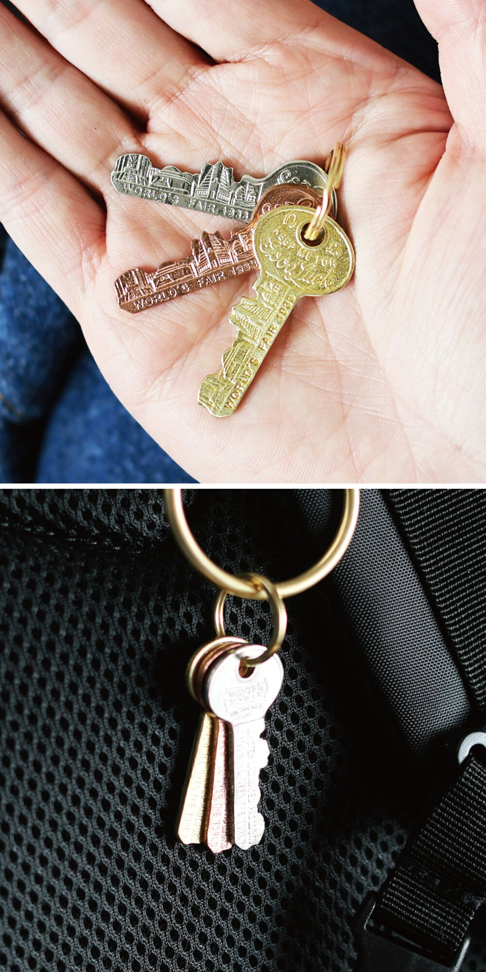 Good Luck Key 3個セット メタルミックス 銅合金 真鍮 シカゴ万博モチーフ レプリカ ダミーキー 鍵フェイク セキュリティ対策 DIY クラフト ハンドメイド BRASS きん おしゃれキーホルダー アメカジ アメリカン雑貨 アウトドア ヴィンテージ メンズ レディース ポーチ付の商品画像 2