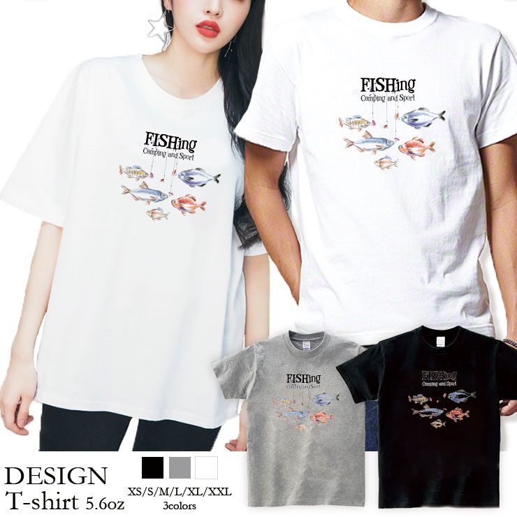 Tシャツ レディース 半袖 カジュアル 大人かわいい 大人 トップス tシャツ メンズ ユニセックス おしゃれ 半袖 tシャツ ペア カップル 綿100% カットソー ブランド プリント Tシャツ ペア 釣り 魚 フィッシュ FISH ルアー 川釣り