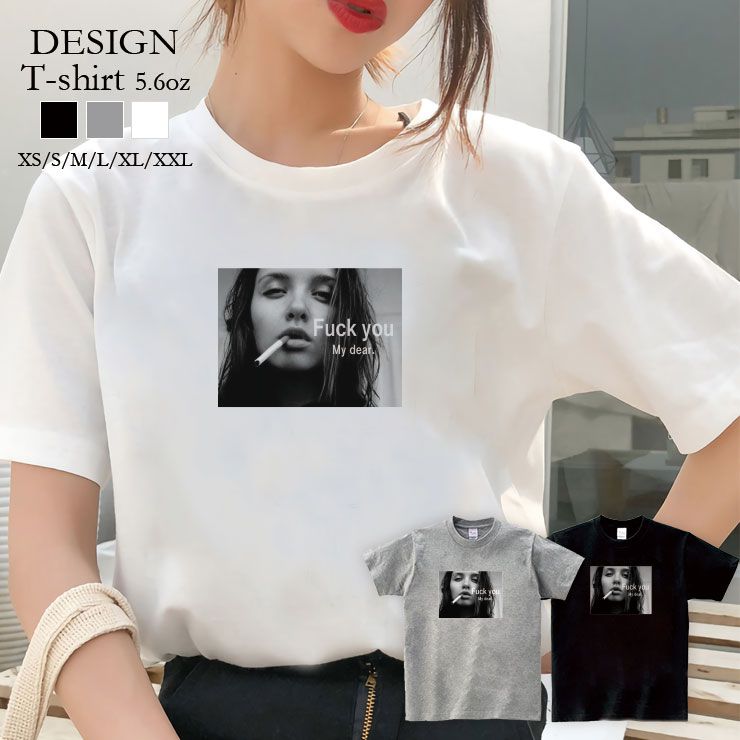 乐天商城 - Tシャツ レディース 半袖 カジュアル 大人かわいい 大人 トップス tシャツ メンズ ユニセックス おしゃれ 半袖 tシャツ ペア カップル 綿100% カットソー ブランド プリント Tシャツ ペア セクシー ガール タバコ smoking FUCK ファック 写真 モノクロ