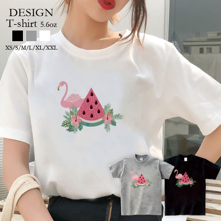 Tシャツ レディース 半袖 カジュアル 大人かわいい 大人 トップス tシャツ メンズ ユニセックス おしゃれ 半袖 tシャツ ペア カップル 綿100% カットソー ブランド プリント Tシャツ ペア フラミンゴ スイカ ピンク 夏 ボタニカル