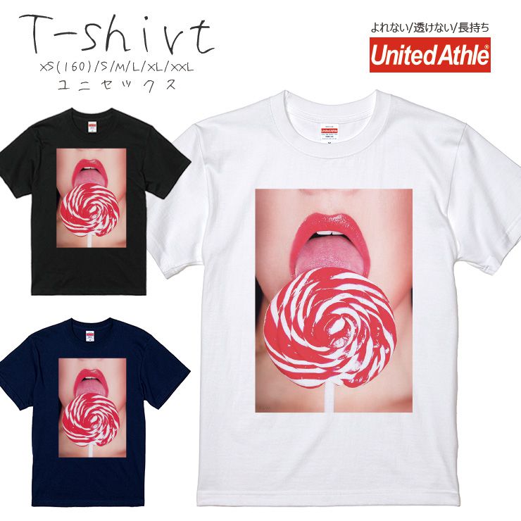 乐天商城 - Tシャツ メンズ 半袖 プリント Uネック クルーネック 丸首 綿 半袖 カットソー おしゃれ アメカジ ストリート カジュアル レディース ユニセックス 大きいサイズ対応 キャンディ アメ ガール 写真 フォト ロリポップ セクシー 赤