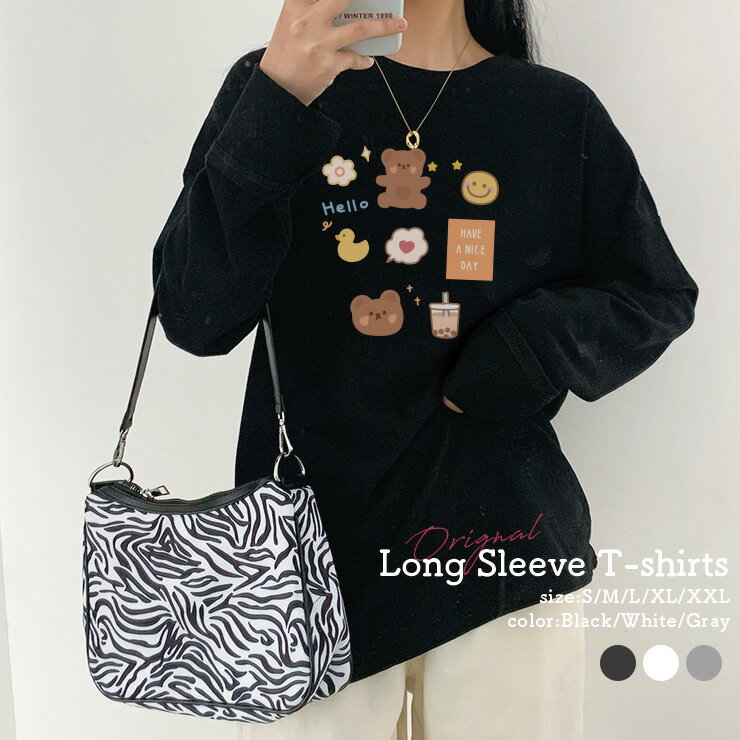 乐天商城 - Tシャツ ロンT 長袖 レディース トップス プリントT 丸首 クルーネック レディース Tシャツ 長袖 カットソー レイヤード ロングTシャツ おしゃれ 大人かわいい ペア おそろ ロゴ 秋冬 ビッグT 大きいサイズ クマ くま アヒル ニコちゃん タピオカ