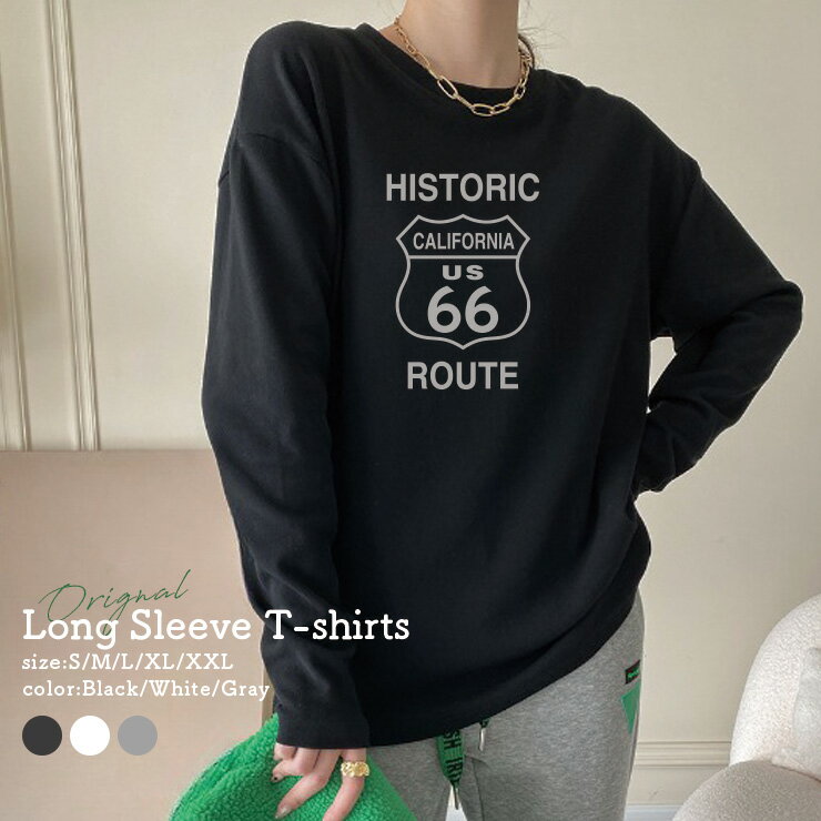 乐天商城 - Tシャツ ロンT 長袖 レディース トップス プリントT 丸首 クルーネック レディース Tシャツ 長袖 カットソー レイヤード ロングTシャツ おしゃれ 大人かわいい ペア おそろ ロゴ 秋冬 ビッグT 大きいサイズ ルート66 ROUTE66 US CALIFORNIA ロゴ