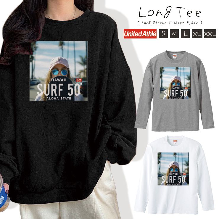 乐天商城 - Tシャツ ロンT 長袖 レディース トップス プリントT Uネック クルーネック 長袖Tシャツ カットソー レイヤード ロングTシャツ おしゃれ 大人かわいい ペア おそろ セクシー ガール フォトT ストリート ハワイ アロハ SURF ALOHA
