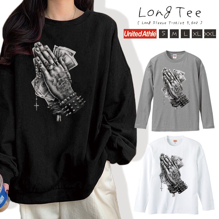 Tシャツ ロンT 長袖 レディース トップス プリントT Uネック クルーネック 長袖Tシャツ カットソー レイヤード ロングTシャツ おしゃれ 大人かわいい ペア おそろ ギャング タトゥー ドル お金 手 ハンド かっこいい