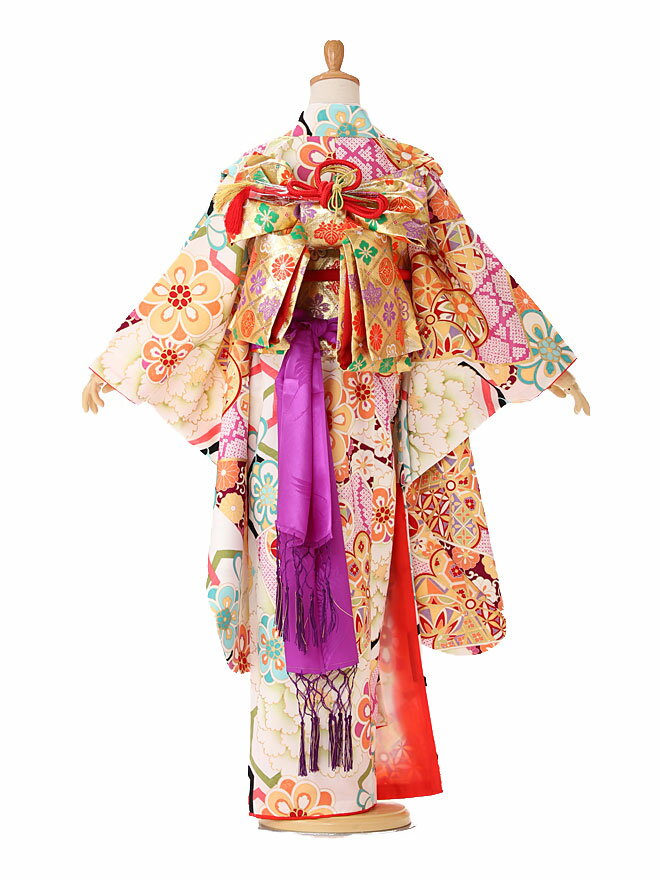 七五三 着物 7歳 フルセット レンタル 七五三 レンタル 7歳 女の子 送料 無料 結び帯 白色 モダン柄 115cm 120cm 125cm 白 紫 7414【レンタル】 3