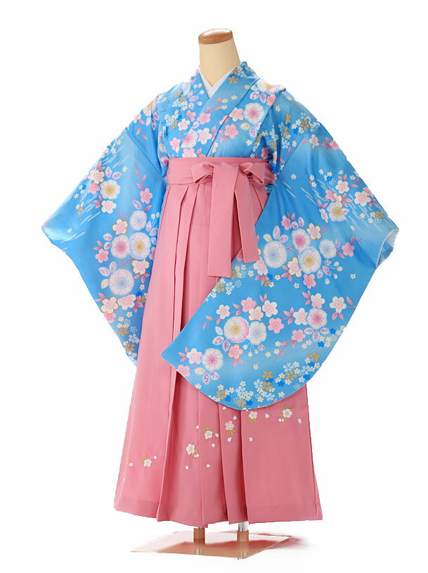 楽天着物ネットレンタルkimonoshop【卒業式 袴 レンタル 小学生】【女の子 小学生卒業式フルセット】【ベーシックスタイル】 【148cm-153cm】ジュニア 女袴 着物レンタル Sサイズ フルセット 往復送料無料 水色 辻が花 pink 袴 0077 【レンタル】