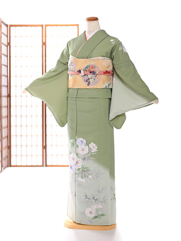 乐天商城 - 【単衣】【単】【夏 着物】単衣 訪問着 レンタル【夏 着物】【フルセット】【訪問着/着物レンタル】【夏物】パーティ】【七五三】【お茶会】【ほうもんぎ】【ホウモンギ houmongi】 緑kt7021【レンタル】