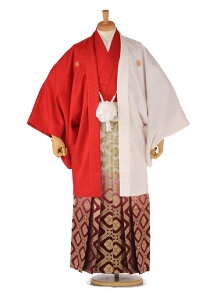 【レンタル】【袴 男 成人式】【はかま】【メンズ】【20歳】【成人式】【卒業式】【化繊】【紋付】【羽織着物】【キュプラ×金属糸】【赤 白】【160cm-168cm】【デザイン男袴】往復送料無料 XG0122バーゲン