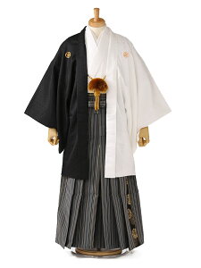 【レンタル】男袴】【はかま】【メンズ】【20歳】【成人式】【卒業式】【化繊】【キュプラ×金属糸】【紋付】【羽織着物】白×黒【165cm-173cm】【デザイン男袴】往復送料無料 XG0117ネット予約
