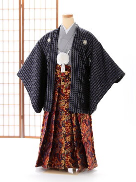 【レンタル】【卒業式 袴 レンタル 小学生】【卒業式】【男の子】【袴レンタル】【着物レンタル】子供用 ジュニア紋付袴レンタル 黒格子×赤袴 紋付きフルセット 羽織レンタル 袴145cm 150cm 155cm10歳〜13歳 十三参り 6年生 往復送料無料 FC1338