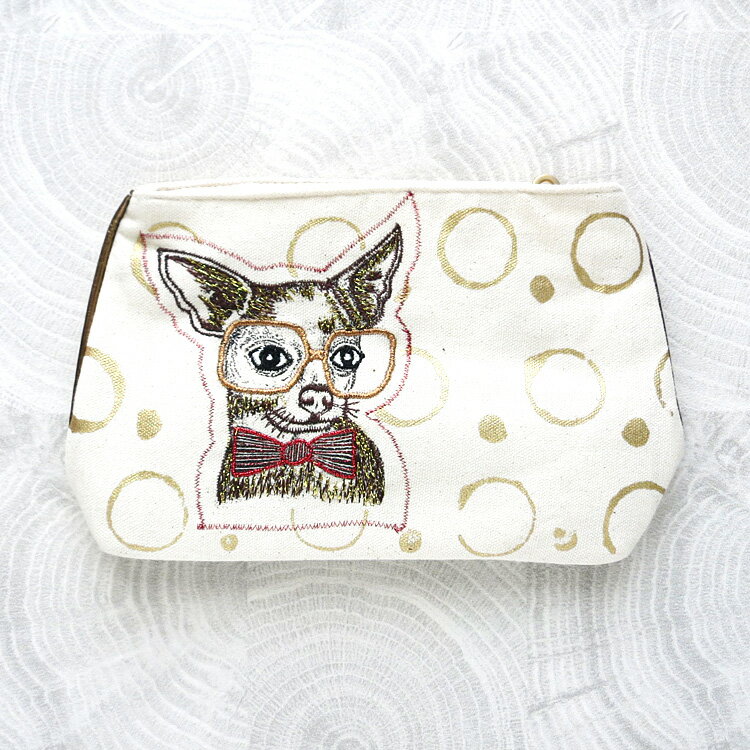 楽天インポート子供服 バケーション送料込み Dog 刺繍 ポーチ（化粧ポーチ/小物入れ/マルチポーチ/バッグインバッグ） 犬/イヌ/犬雑貨/犬グッズ ゴールドのプリントがおしゃれ 誕生日やお祝いのギフトにも！