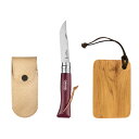 OPINEL(オピネル) ステンレススチール ナイフ #8 レザーケース ベージュカラー&カッティングボードセット コロラマ バーガンディ 8.5cm