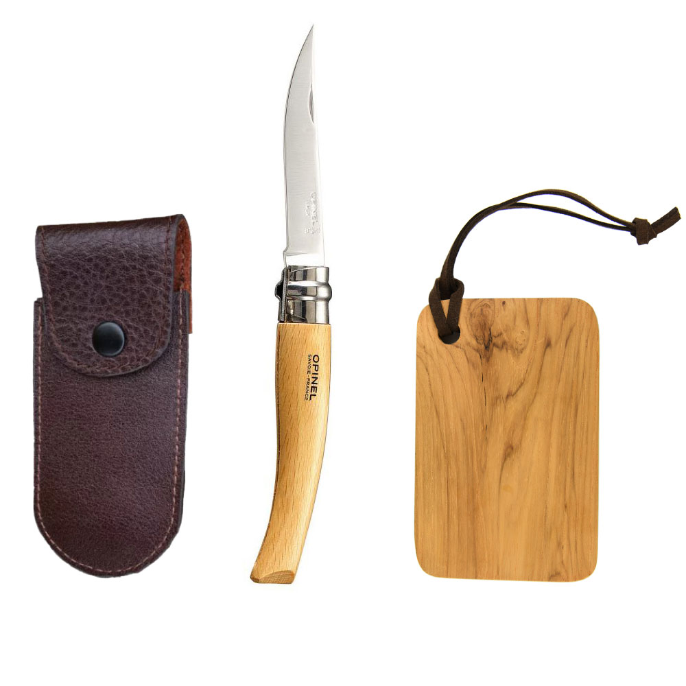 OPINEL(オピネル) ステンレススリム ナイフ レザーケース&カッティングボードセット ビーチ #8 8.5cm