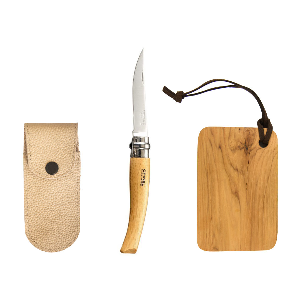 OPINEL(オピネル) ステンレススリム ナイフ レザーケース ベージュカラー&カッティングボードセット ビーチ #8 8.5cm