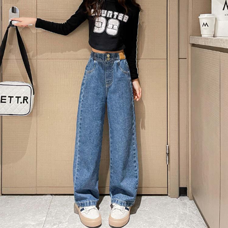 ハイウエスト デニム ワイドパンツ キッズ 女の子 ジーンズ ボトムス ジーパン ス...