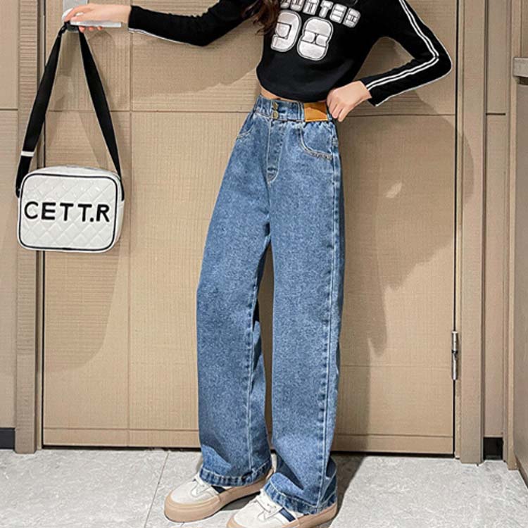 ハイウエスト デニム ワイドパンツ キッズ 女の子 ジーンズ ボトムス ジーパン ス...